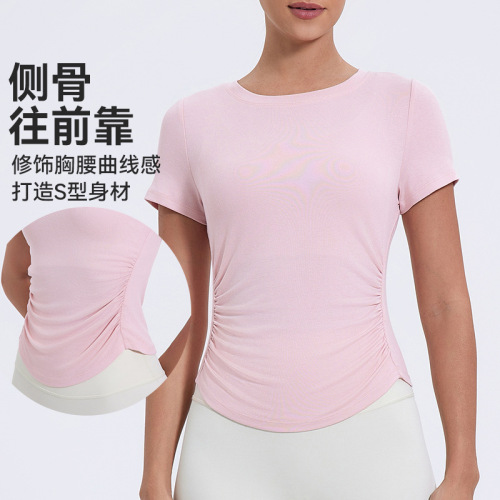 Yuejia Spring and Summer Round Neck Gathered Bottoming Shirt Casual Sports Short Sleeve Slim Fitness Yoga Wear Sports Top for Women