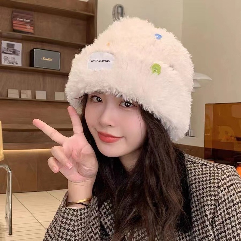 Winter new hat women's autumn and winter plush fisherman hat warm furry thickened face-showing small imitation rabbit fur knitted hat
