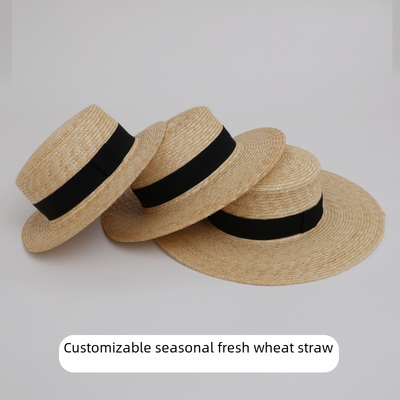 Wheat straw straw hat women's French British Panama flat-top straw hat summer vacation seaside beach woven top hat
