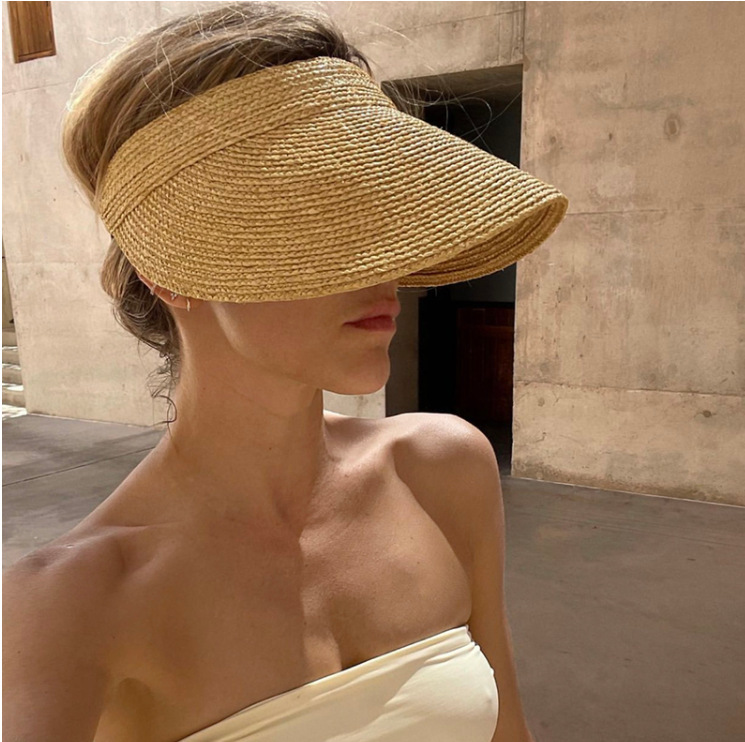 Korean style summer large brim empty top sun hat raffia headband style versatile casual topless beach straw hat for women