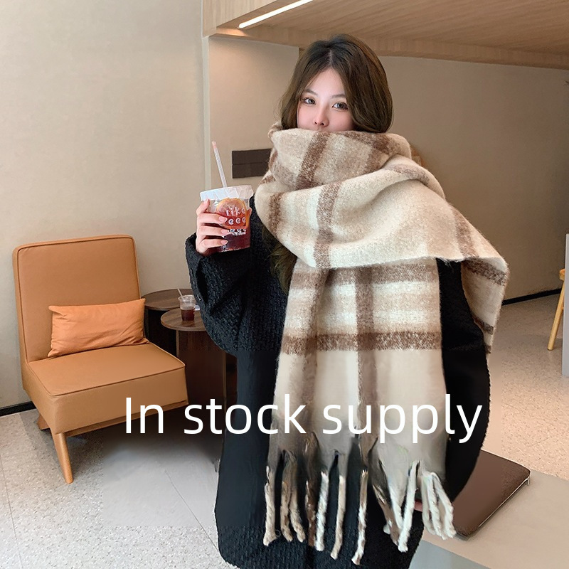 Women's high-end winter scarf new seahorse hair black and white plaid versatile student warm thickened scarf trendy