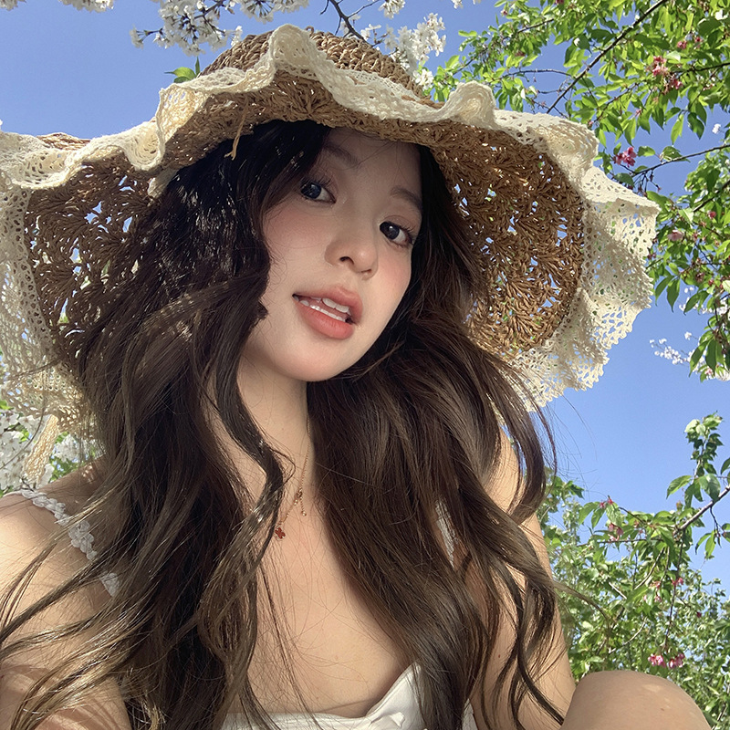 Lace bow big brim straw hat with lace and hollow seaside vacation straw sun hat for sweet photos