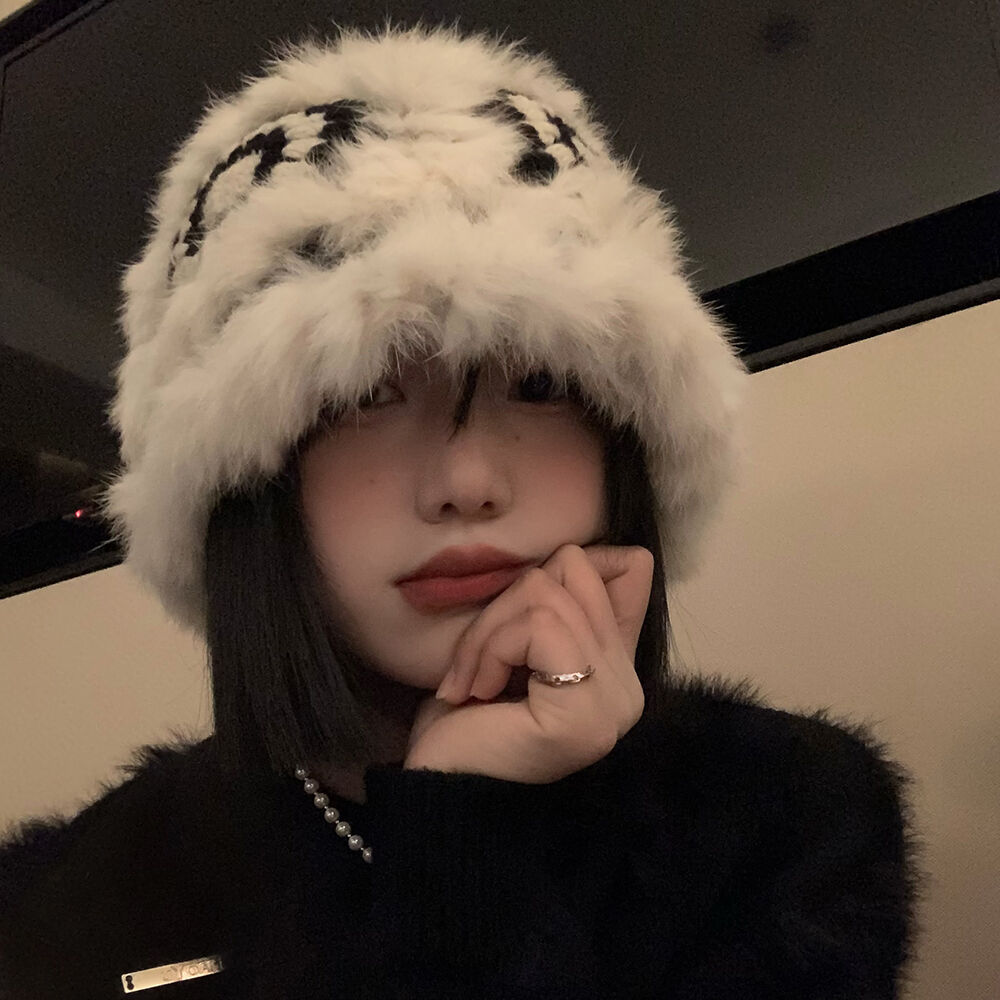 Rabbit fur knitted plush hat for women in autumn and winter furry tiger head lion fisherman hat to keep warm and show face small woolen hat