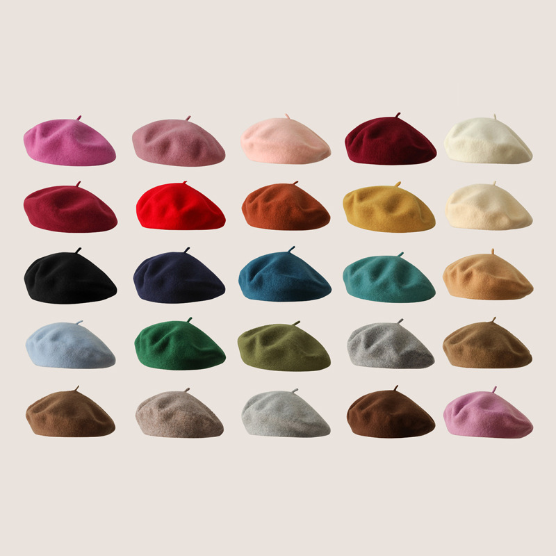 Popular autumn and winter wool beret for girls, literary, retro, versatile, Korean print painter hat, British solid color felt hat