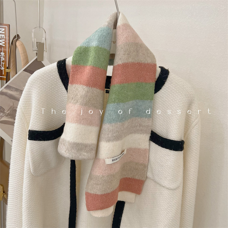 Korean color-blocked striped knitted woolen scarf for girls in winter Korean style winter fashion versatile small fresh scarf trendy