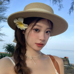 French bow flat-top straw hat for women, summer seaside beach hat, vacation photo-taking, face-covering sun hat, sun protection hat