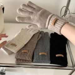 Knitted gloves autumn and winter Korean version simple solid color student touch screen outdoor driving and riding thickened warm finger gloves