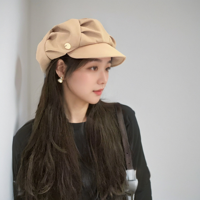 Cloud Hat Women's pleated face-showing small octagonal hat for travel, daily casual, Korean style plain short-brimmed beret
