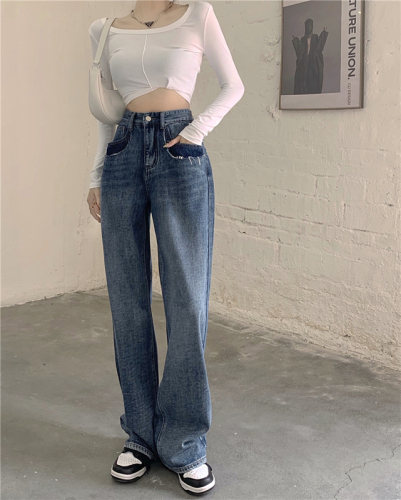 Real shot!  Korean chic loose-fitting slim jeans washed high-waisted wide-leg trousers