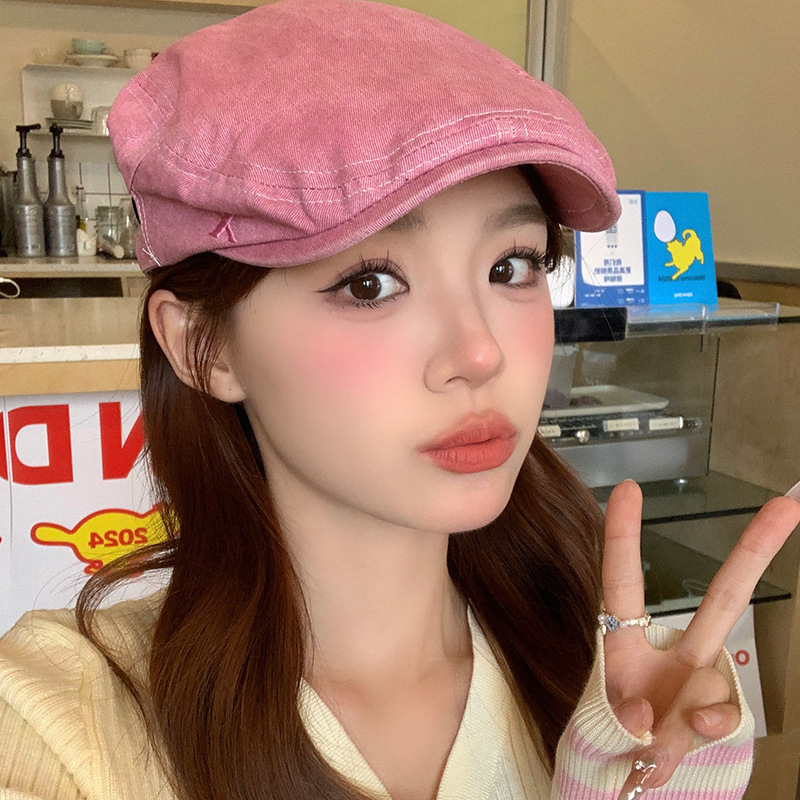 Pink retro cowboy forward hat for women American casual all-match big head circumference showing face small beret British style hat
