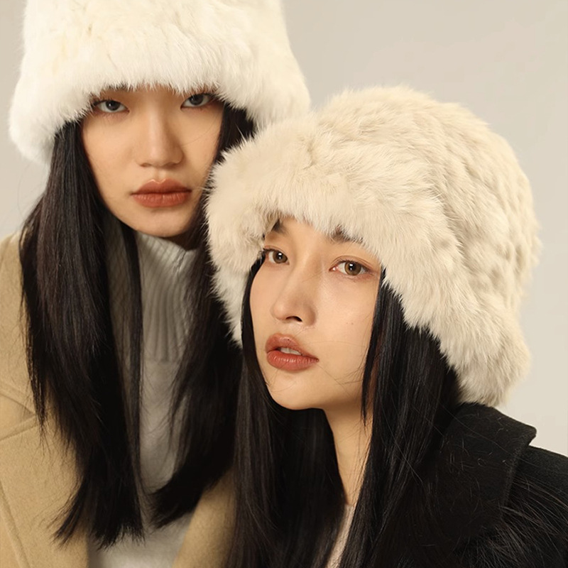 Shaoheng Rabbit Fur Hat Women's Autumn and Winter Face Revealing Small Furry Plush Hat Warm Ear Protection Fur Big Head Size Fisherman