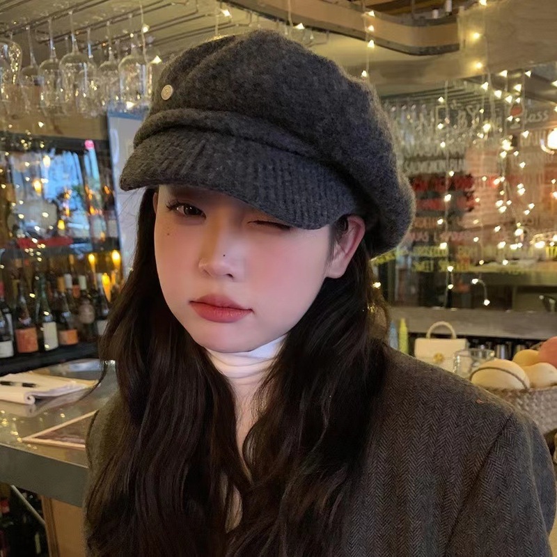 Big Head Planet Korean Style Small Fragrance Style Plush Beret Big Head Circumference Showing Face Small Newsboy Hat Black Hat Painter Hat