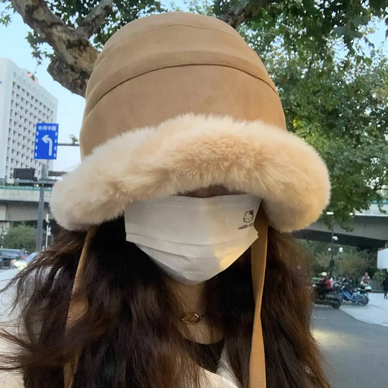 Autumn and winter hats for women, fashionable hats, outdoor warm ethnic wind-cooled hats, cute windproof basin hats, plush fisherman hats