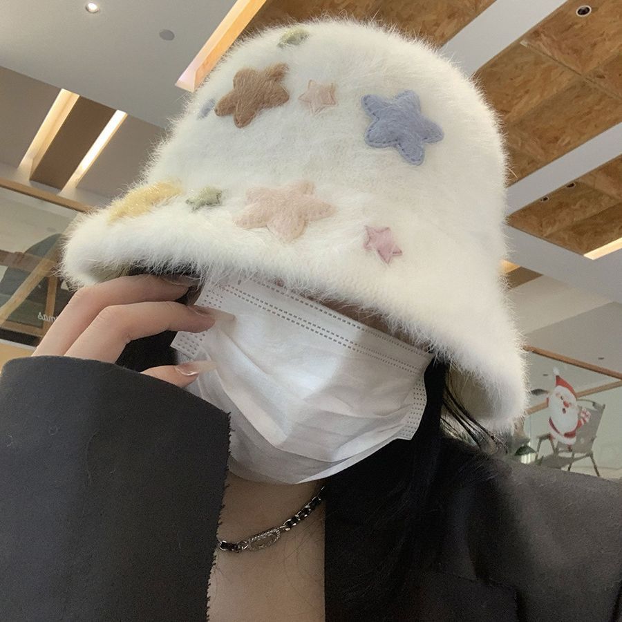 Autumn and winter rabbit fur dopamine face small bucket hat for women cute star plush fisherman hat warm cover basin hat