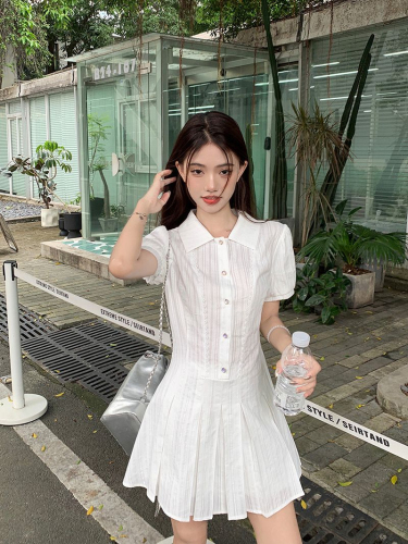 2024 New College Style Lapel White Dress Women's A-Line Skirt Summer Sweet Slim Skirt