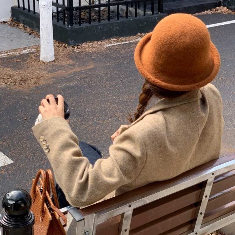 Solid color wool fisherman hat women's winter new retro hat rolled edge bucket hat top hat