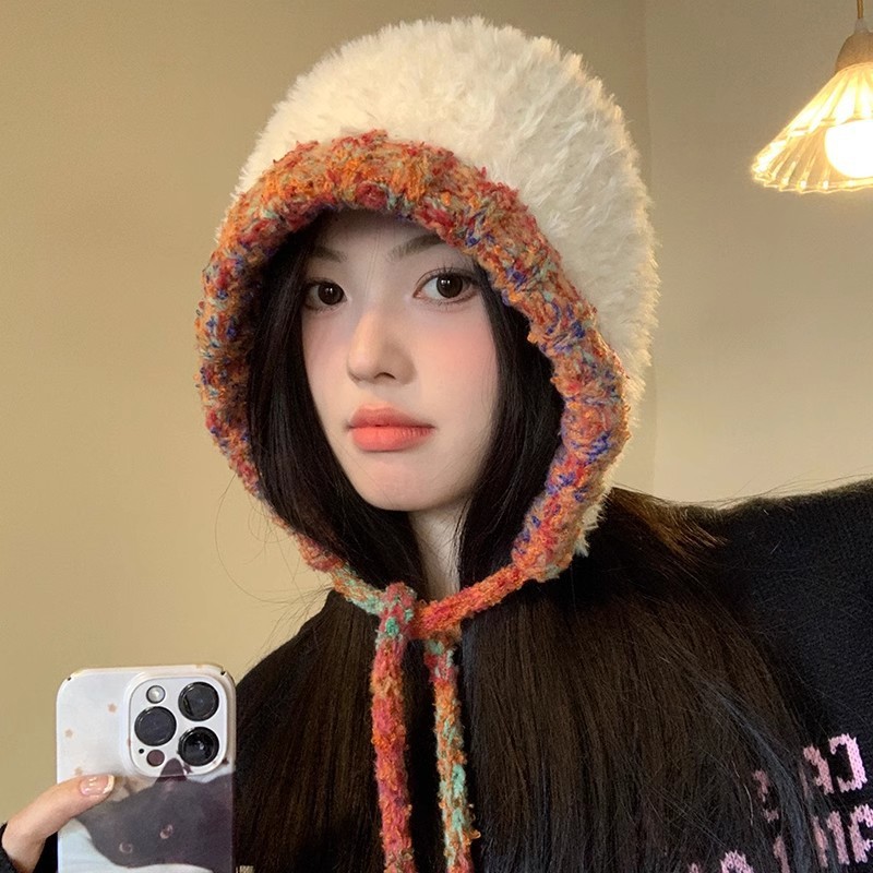 Handmade large head circumference plush knitted hat for women new autumn and winter thickened and warm Korean style face-showing small woolen hat