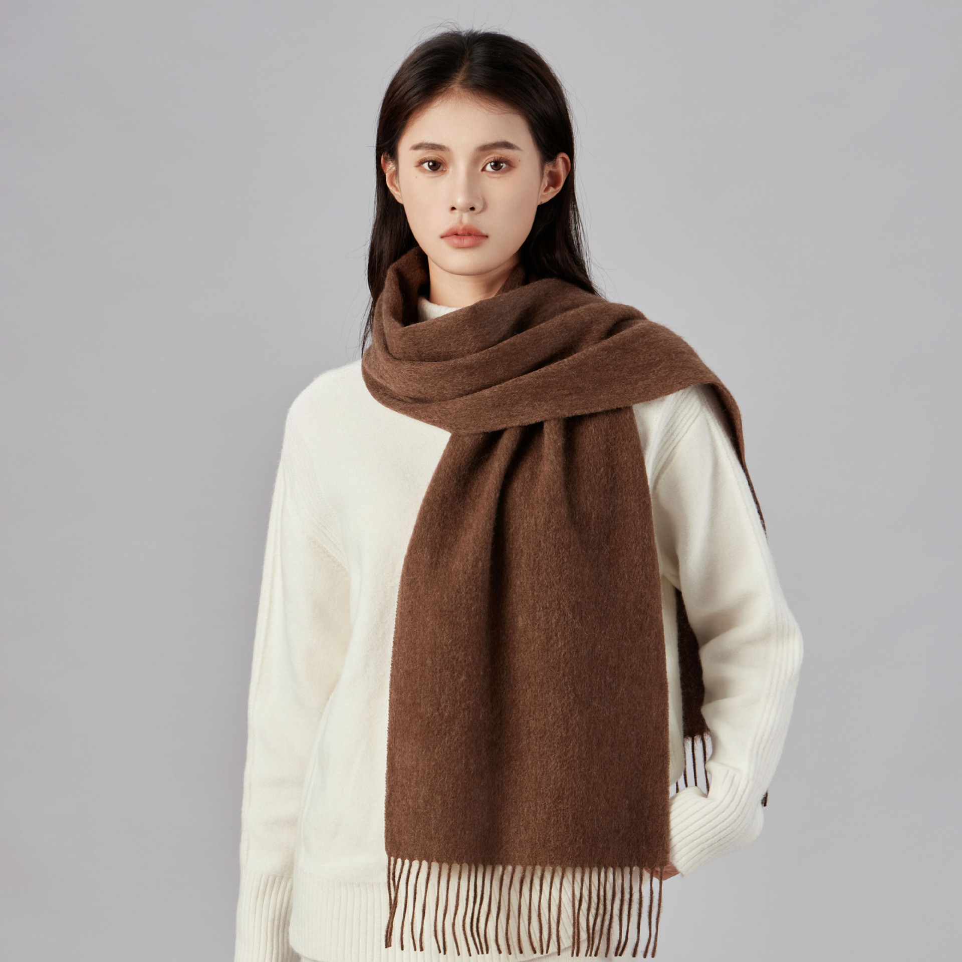 Cross-border solid color 100% wool scarf for girls, high-end, versatile winter style, thickened scarf, men's shawl wholesale