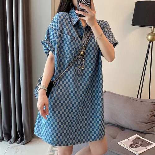 2-300 catties fat mm denim blue dress for women summer new extra large size medium long loose short-sleeved T-shirt skirt