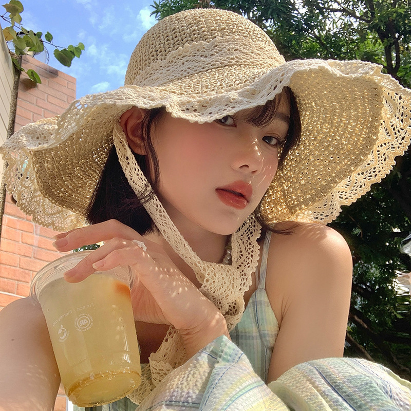 Korean style hat for women summer large brim thin breathable lace hollow sun protection full face straw hat versatile and trendy