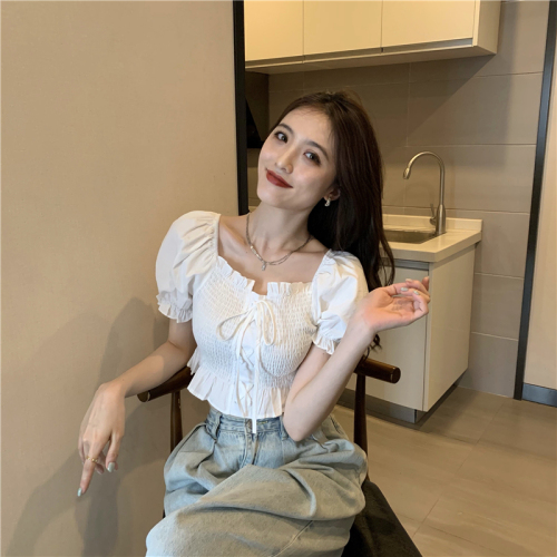 Real shot Summer new slim fit ruffled puff sleeve shirt women's short shirt