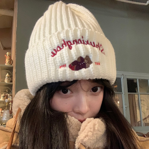 Korean version ins embroidered bear knitted hat for women autumn and winter new style warm and versatile cute woolen hat ear protection cold hat