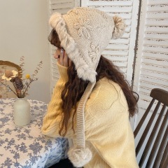 Women's woolen hat, Korean style cute Lei Feng hat, autumn and winter knitted ear protection hat, travel warm rabbit fur ball hat, trendy