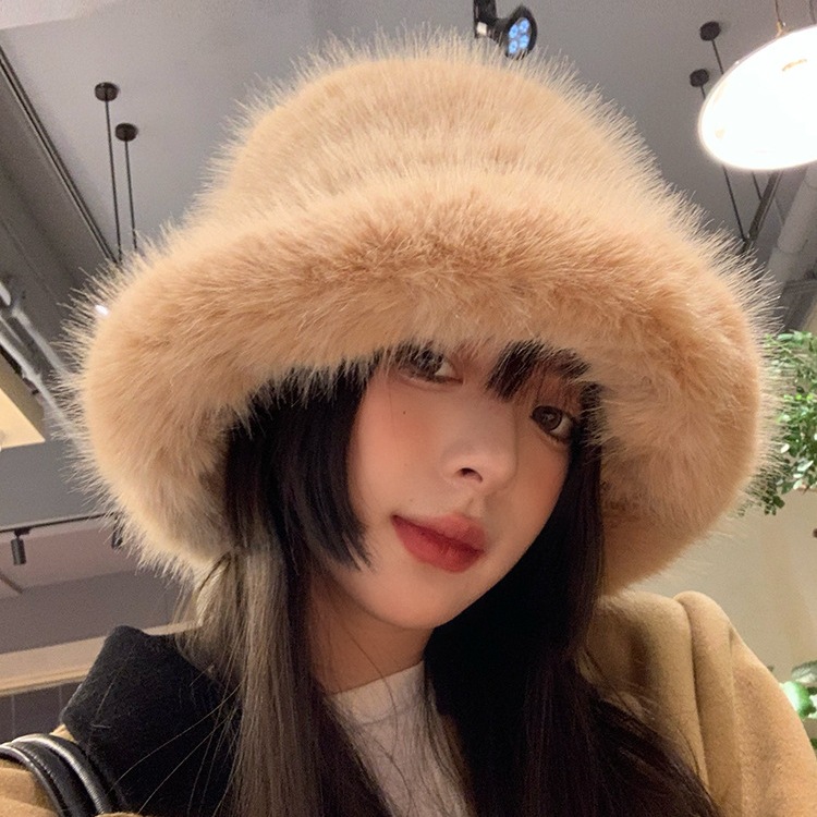 High-end imitation fur mink fur fluffy fisherman's hat for women, ladies' style big head circumference plush hat, winter warm pullover hat