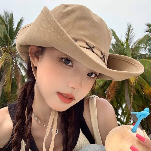 Western cowboy hat women's summer large brim camping hiking hat anti-UV fisherman hat large head circumference sun protection hat