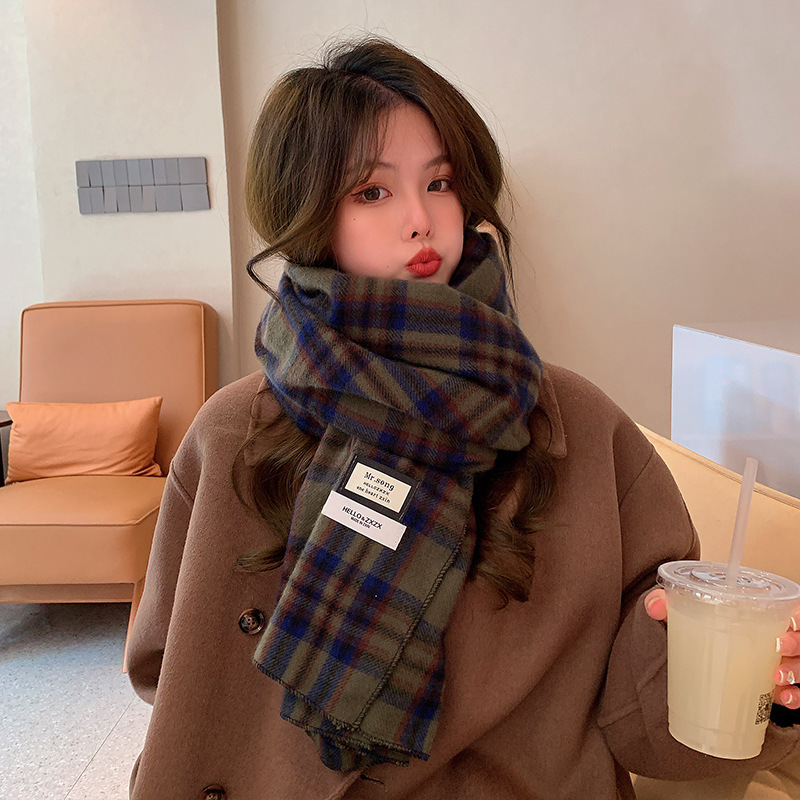 Japanese retro plaid scarf for women in autumn and winter Korean style double cloth label versatile internet celebrity shawl student imitation cashmere scarf