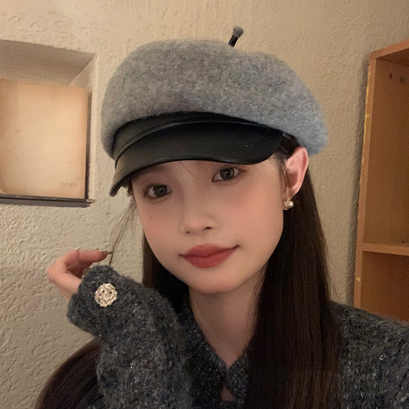 PU leather brim octagonal hat women's autumn and winter woolen peaked cap versatile newsboy hat