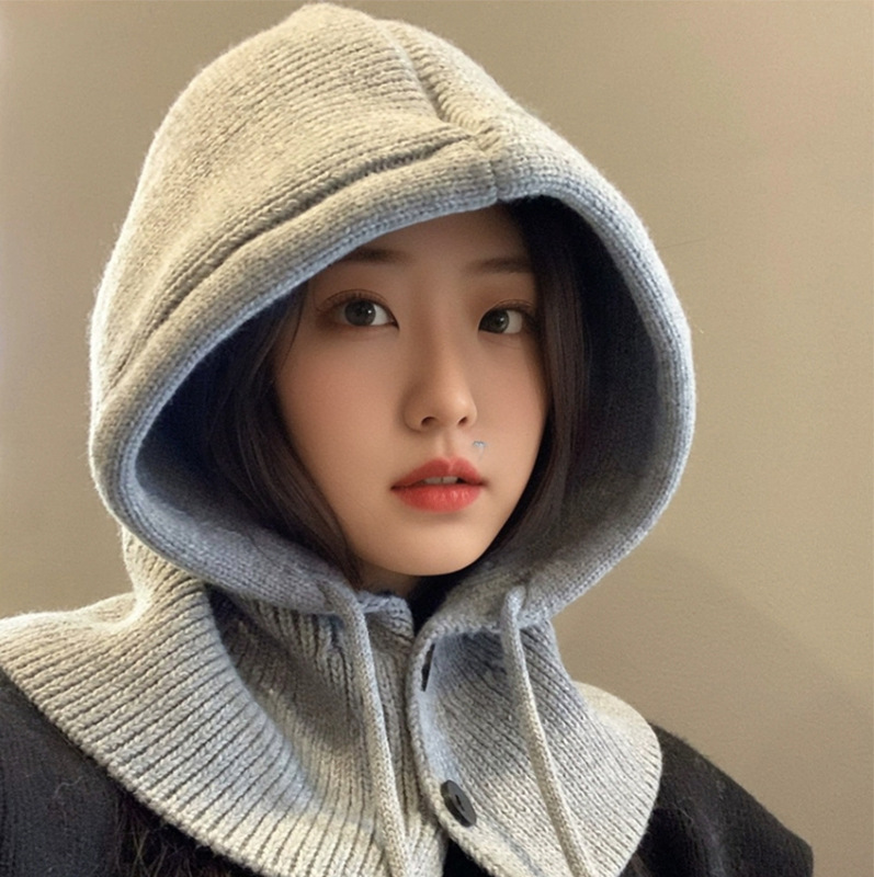 Korean balaclava hat for women winter warm hat and scarf integrated couple style ear protection woolen knitted hat