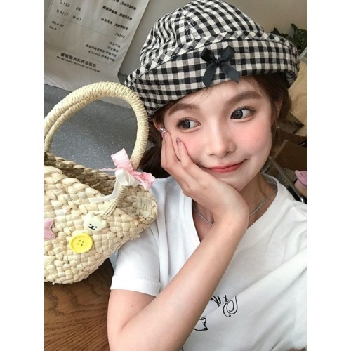 Sweet flip-brim hat, bow plaid fisherman hat, casual women's spring and summer thin style, versatile face-showing small bucket hat