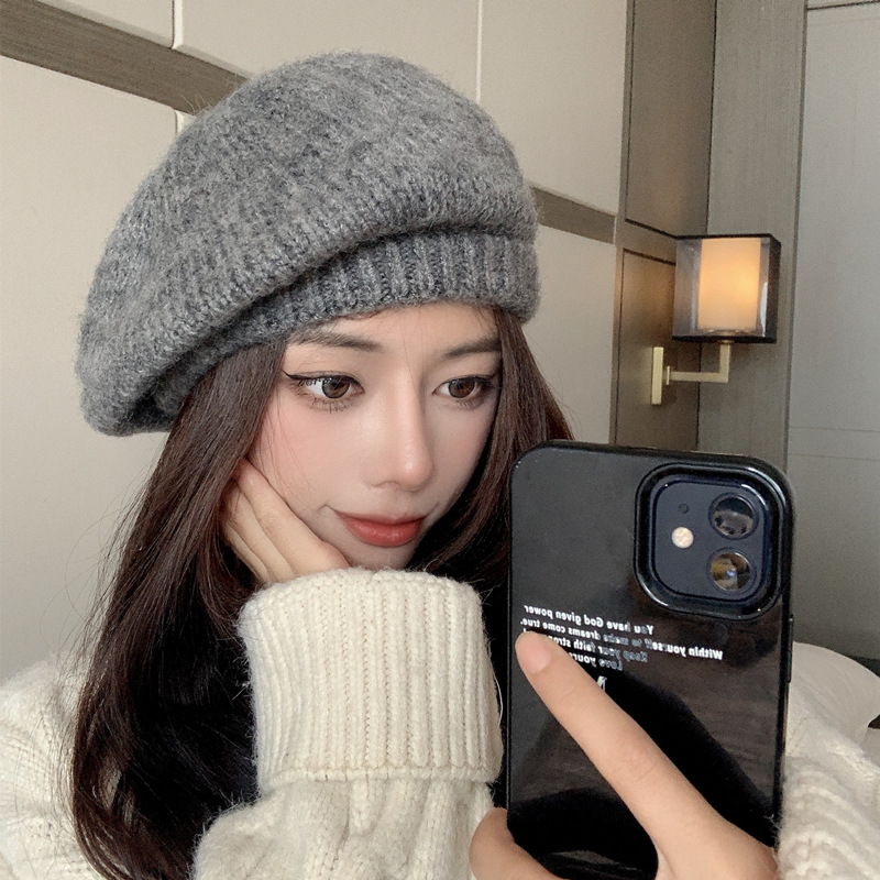 Mohair knitted beret women's autumn and winter warm large head painter's hat solid color woolen hat