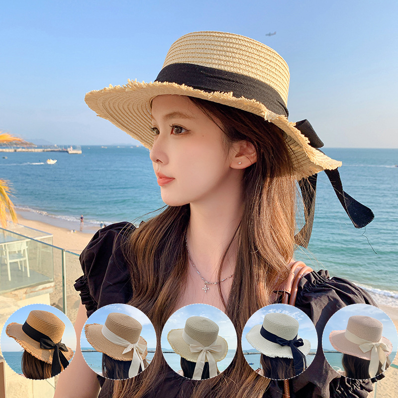 Hat Spring and Summer Women's Fashion Straw Hat Seaside Vacation Beach Hat Flat Top Streamer Bow Sun Hat