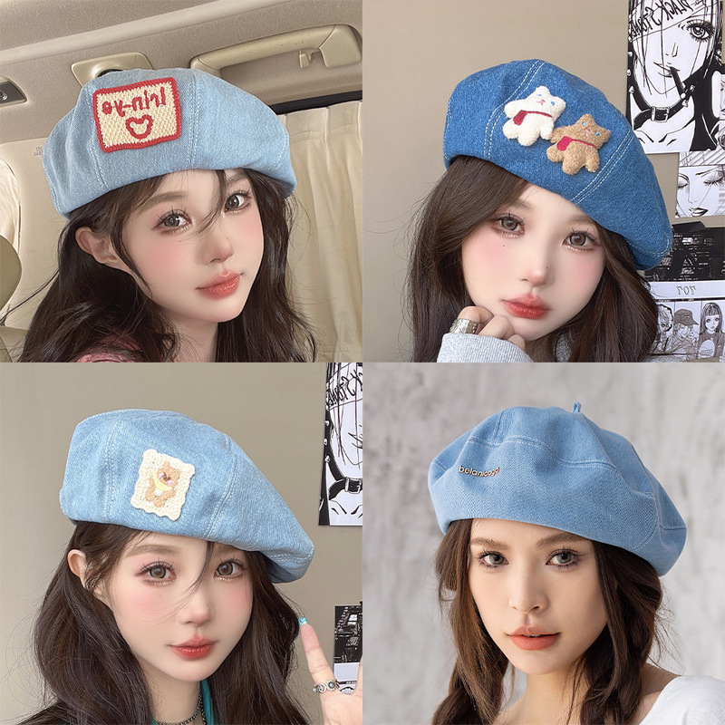 Parent-child hat bear biscuit patch denim beret spring and autumn Korean version all-match face little sweet cute octagonal hat