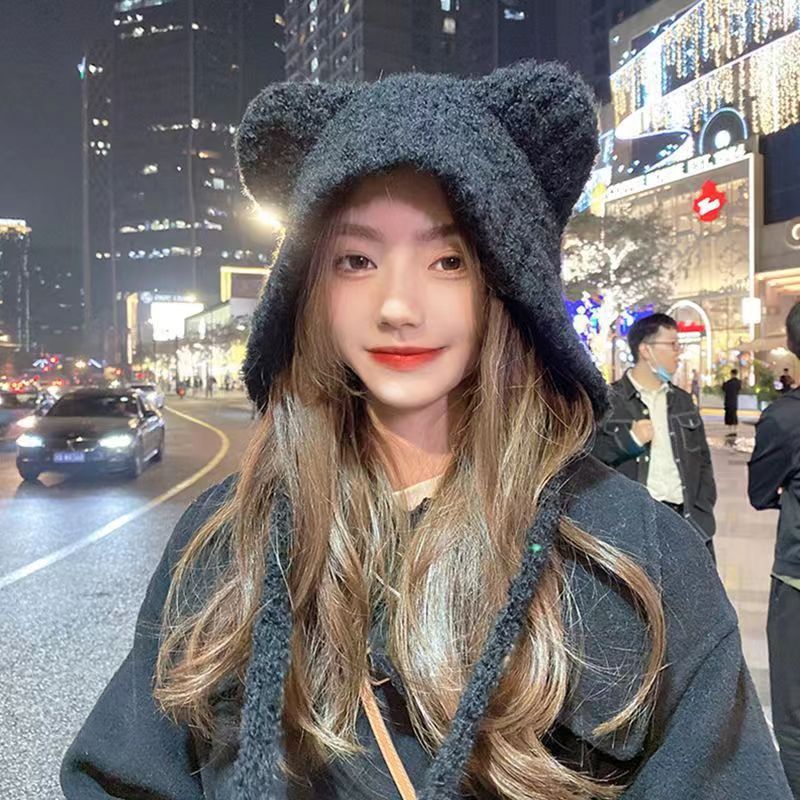 New autumn and winter cute little bear to keep girls warm, show face, small ear protection wool, Japanese and Korean style versatile knitted winter hat for women