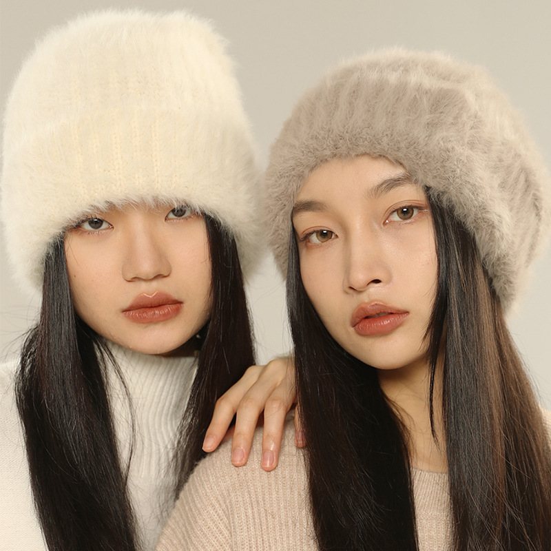 Big head circumference knitted hat for women in winter rabbit fur white woolen hat showing face small warm plush pile hat cold hat for men