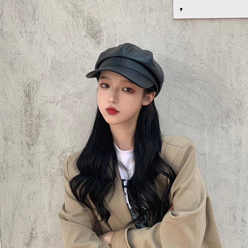 Korean version pu leather hat for women autumn and winter British octagonal hat trendy Japanese style Korean version Internet celebrity duck tongue painter beret hat for women