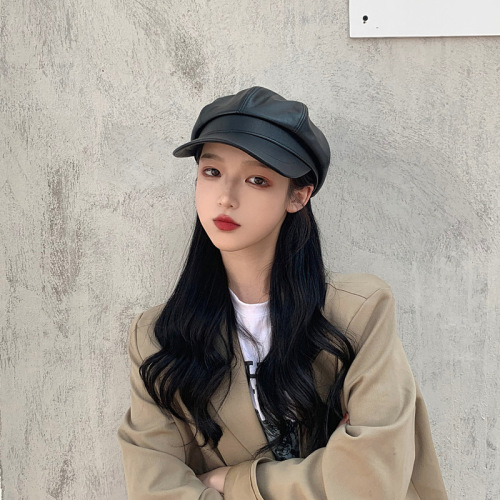 Korean version pu leather hat for women autumn and winter British octagonal hat trendy Japanese style Korean version Internet celebrity duck tongue painter beret hat for women