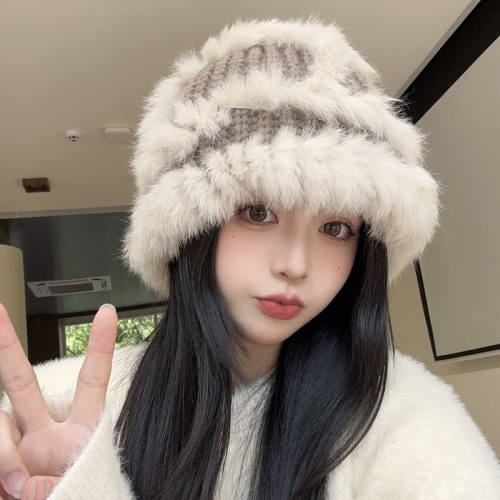 Real rabbit fur knitted fisherman's hat for women with a small face, autumn and winter ear protection, warm woolen hat, plush hat, national fashion lion hat