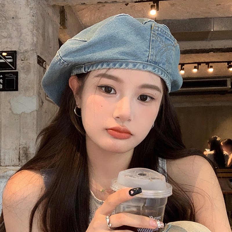 Hat women's new style big head circumference showing face small cowboy beret women's summer round face retro octagonal hat