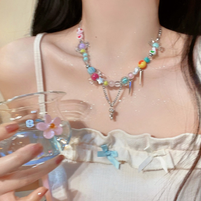 Hidden privately!  Suitable for summer, rainbow candy necklace, female niche accessory, Internet celebrity sweet and cool hot girl clavicle chain trend