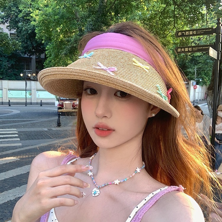 Sweet colorful bow sun hat for women summer large brim seaside vacation beach straw sun protection empty top hat straw hat