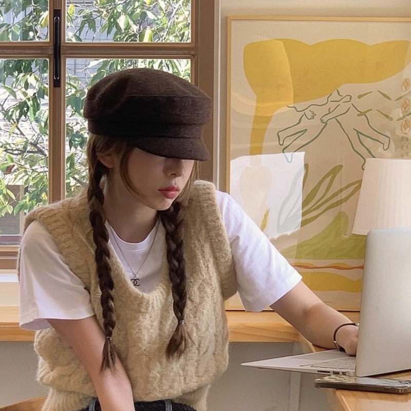 Maillard style hat~Self-made brown woolen beret navy hat for women, Korean style same style British flat top hat