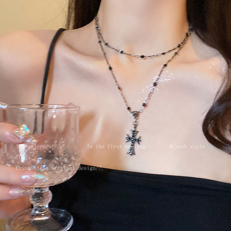 Dark zircon cross beaded necklace women's fashionable long double-layer stacked neck chain style versatile clavicle chain