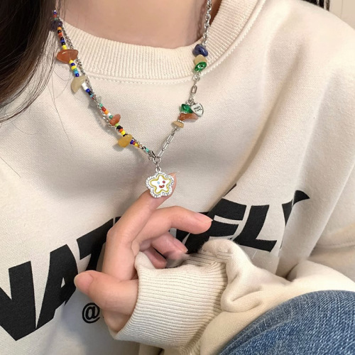 Childlike colorful flower smiley face necklace for women summer dopamine natural stone beaded high-end clavicle chain neck necklace