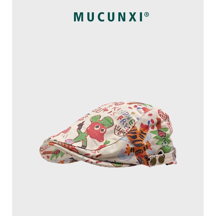 Japanese niche cute graffiti forward hat female retro childlike funny newsboy painter hat reverse wearing beret male fashion
