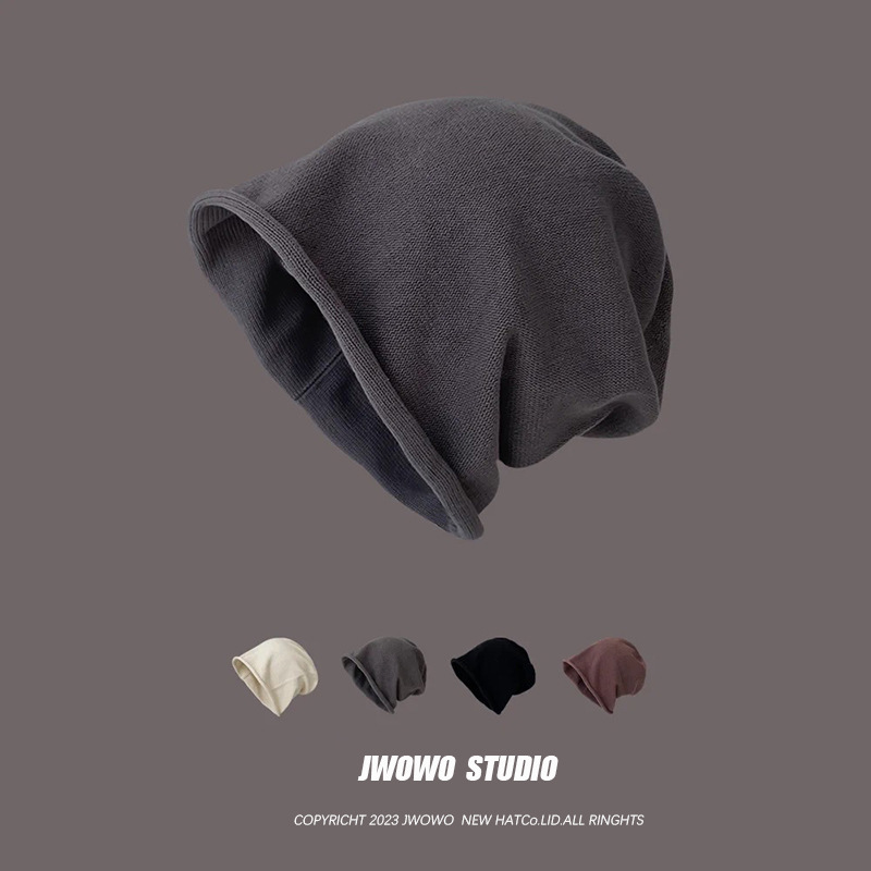 Japanese solid color rolled edge pile hat for women spring and autumn Korean style loose thin knitted cold hat ear protection bag head hat for men trendy