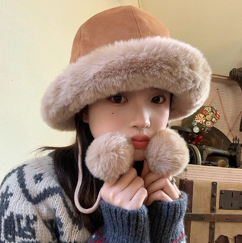 Internet celebrity fur ball lace-up Mongolian hat for women in winter warm plush thickened fisherman hat Korean style windproof and cold-proof Lei Feng hat